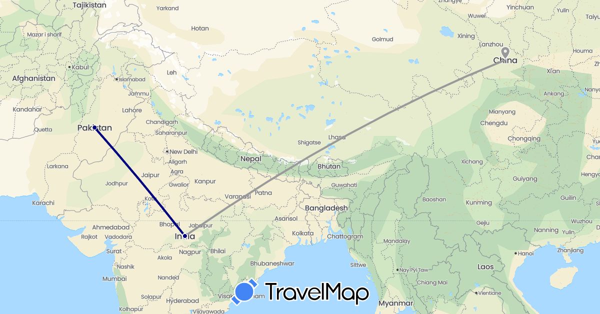 TravelMap itinerary: driving, plane in China, India, Pakistan (Asia)